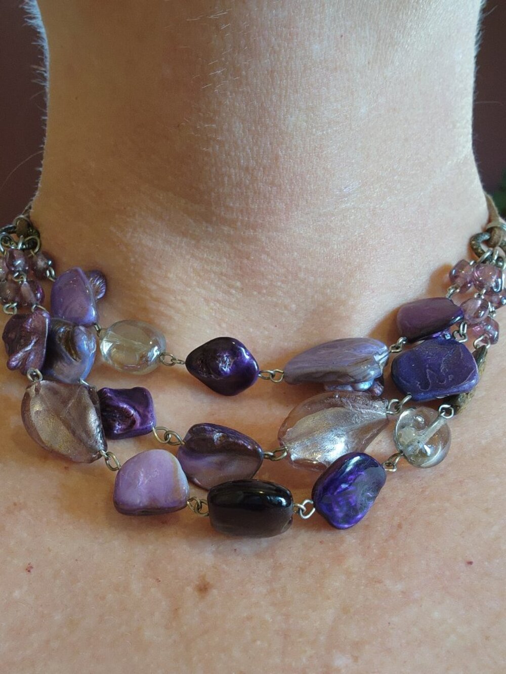 Purple Glass and Abalone Mother-of-Pearl Triple Strand Leather Chain Necklace - Picture 2 of 14